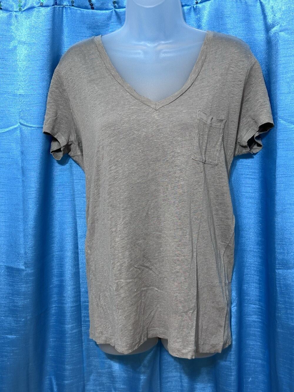 JCrew 100% Linen V-Neck Gray Jersey Linen Knit T-Shirt Pocket SZ M